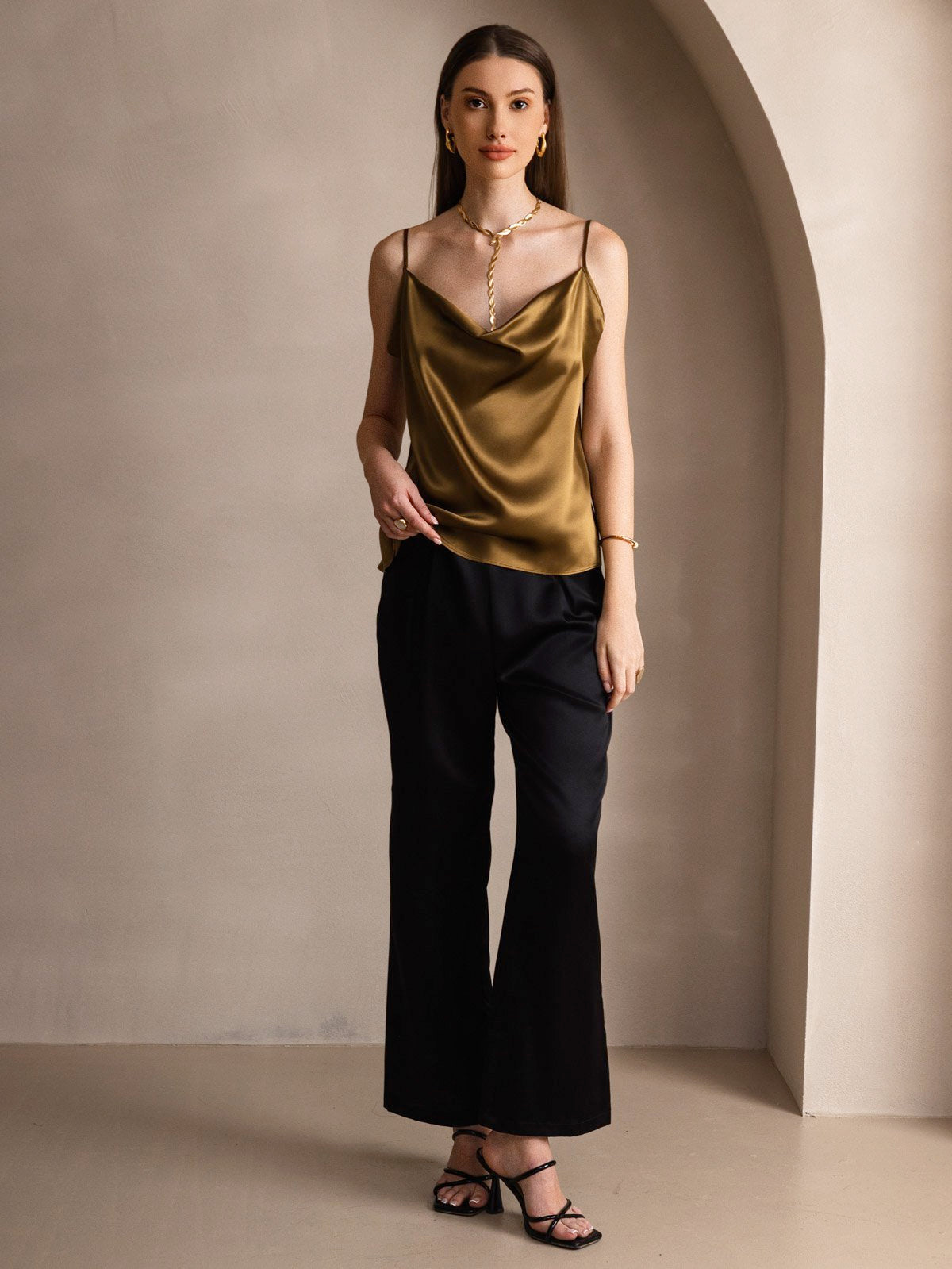 19Momme Silk Spaghetti Strap Cowl Neck Camisole Top