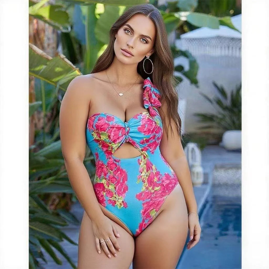 Ruffle Removable Shoulder Strap Pink Flower One Piece Swimsuit & Skirt