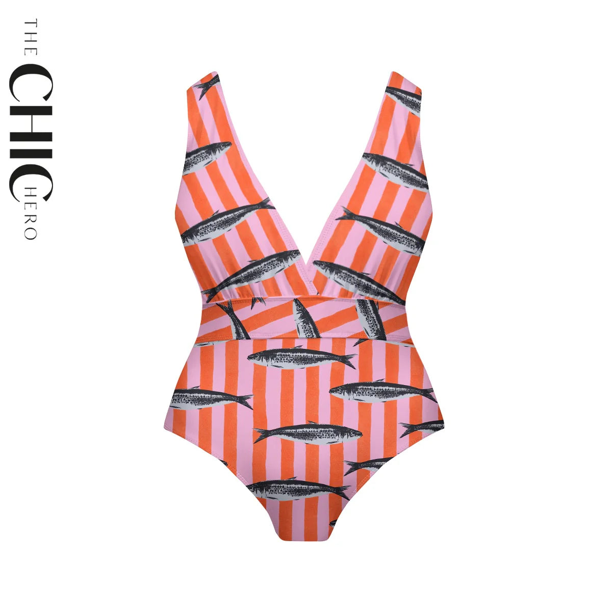 V Neck Retro Striped Sardine Print Swimsuit&Skirt&Pants