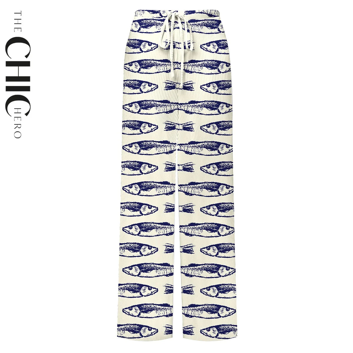 Nautical Blue Fish Print Deep V One-Piece Swimsuit&Pants