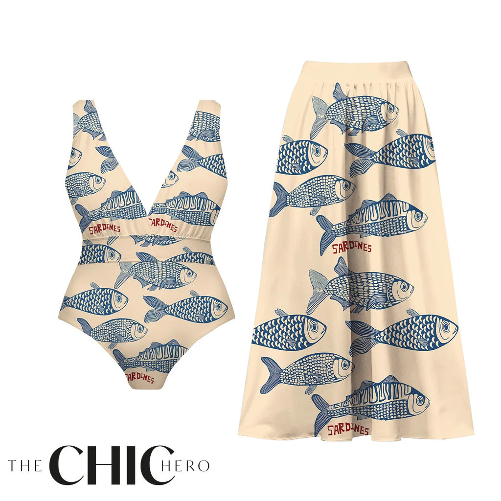 Nautical Sketch Sardine Print One-Piece Swimsuit&Skirt