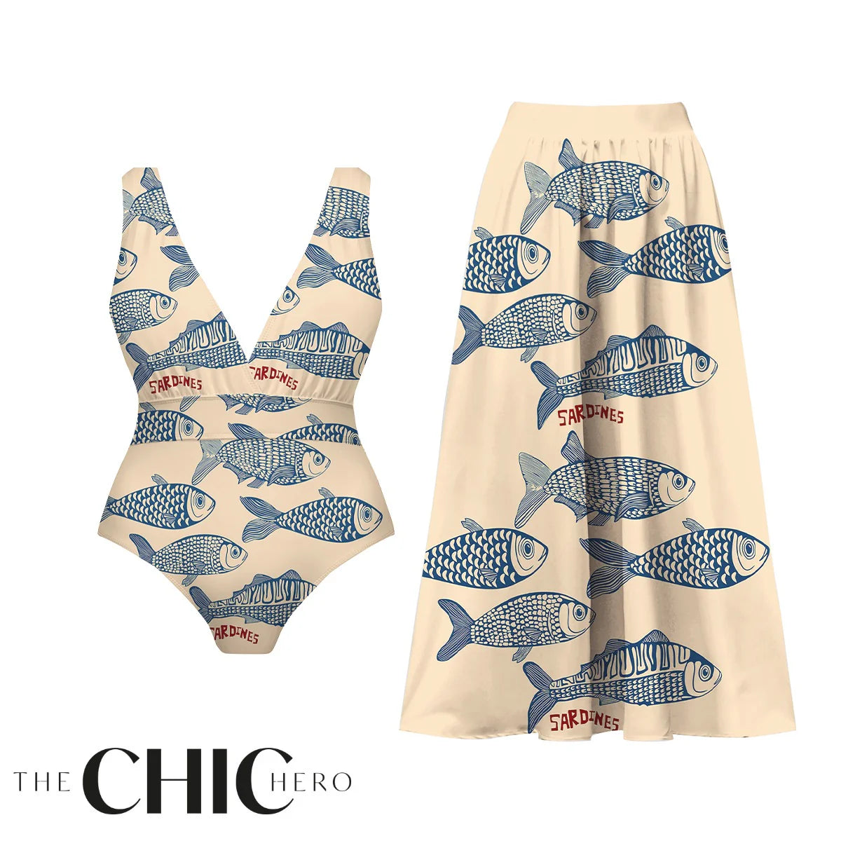 Nautical Sketch Sardine Print One-Piece Swimsuit&Skirt