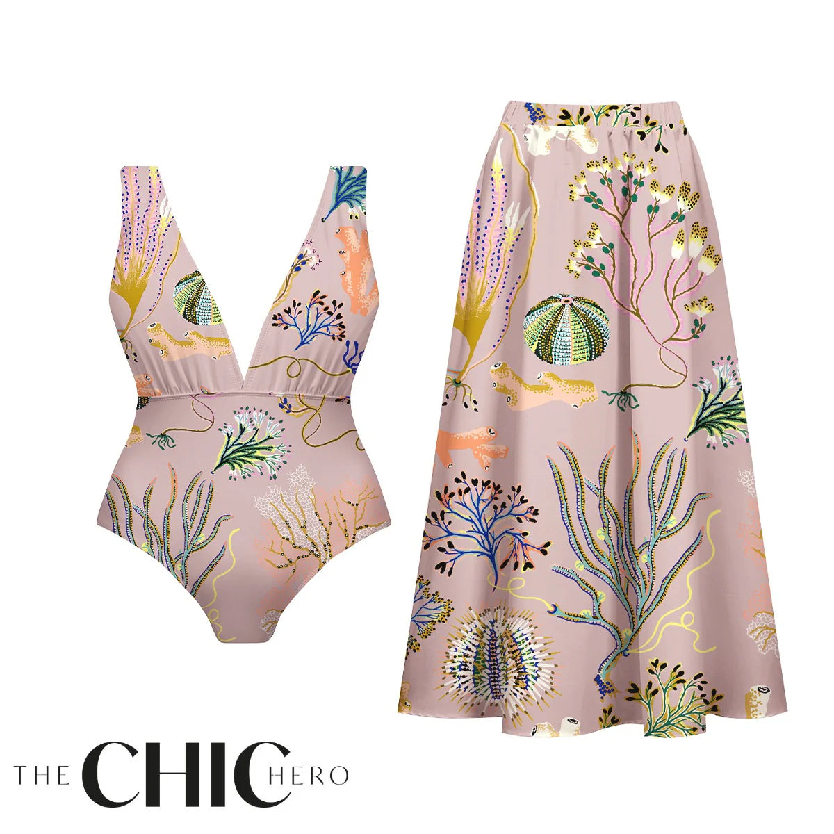 Sea-Inspired Tropical Reef Print One-Piece Swimsuit&Skirt