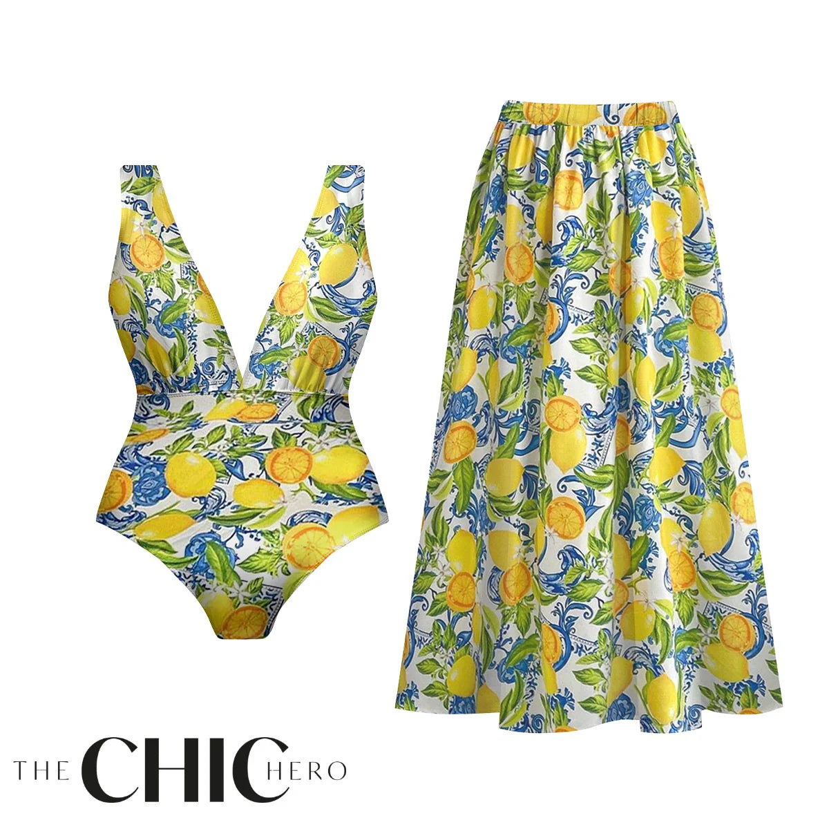 Summer Lemon Citrus Print One-Piece Swimsuit&Skirt