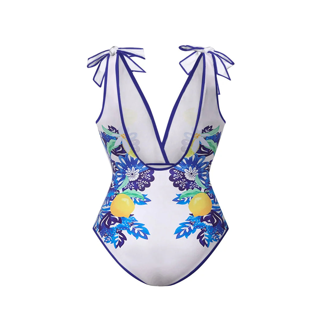 Lemon Blue Floral Print One-Piece Swimsuit&Pants