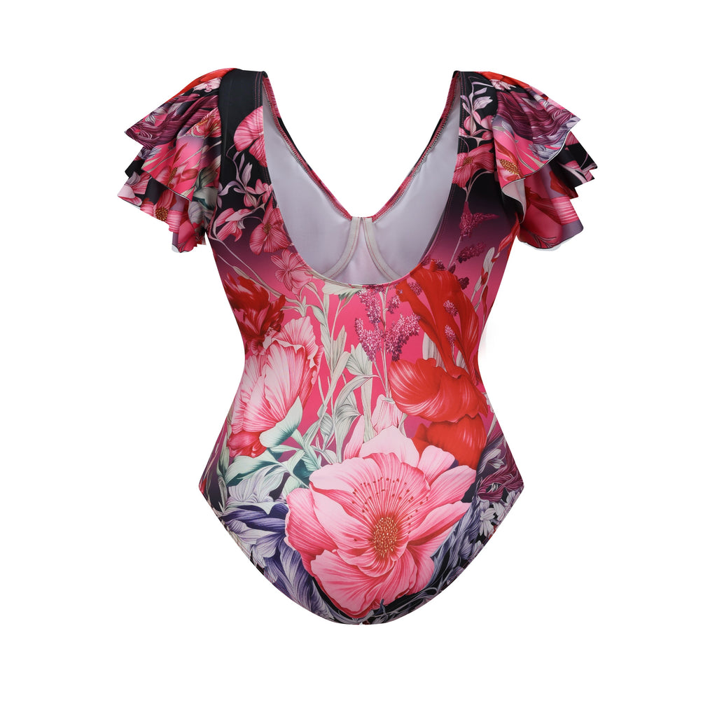 Pink Floral Patterned Ruffled Sleeves One-Piece Swimsuit&Skirt