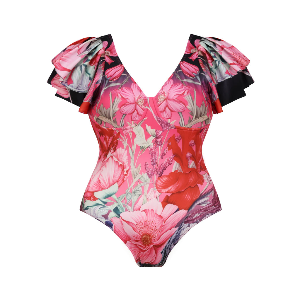 Pink Floral Patterned Ruffled Sleeves One-Piece Swimsuit&Skirt