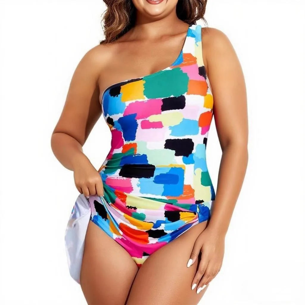 Multicolor Puzzle One Shoulder One-Piece Swimsuit with Skirt