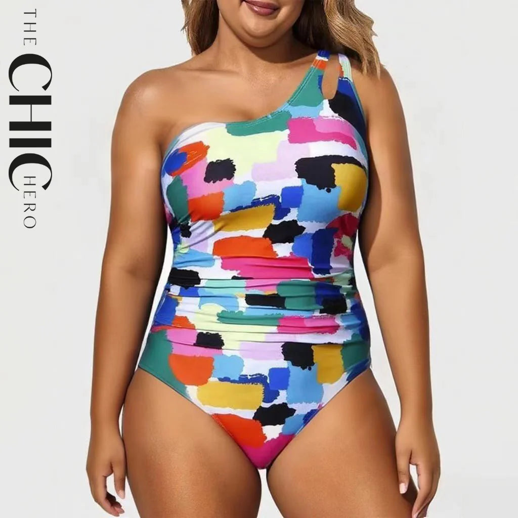 Multicolor Puzzle One Shoulder One-Piece Tummy Control Swimsuit