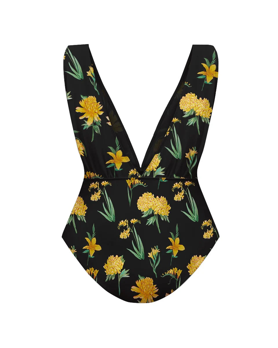 Yellow Floral Print One-Piece Swimsuit&Pants