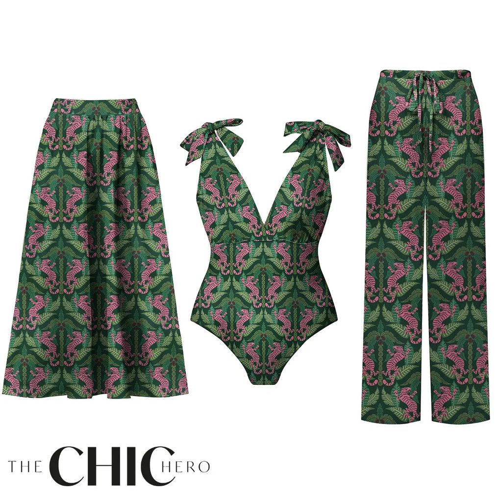 Dark Green Jungle Tiger Leaf Print One-Piece Swimsuit&Skirt&Pants