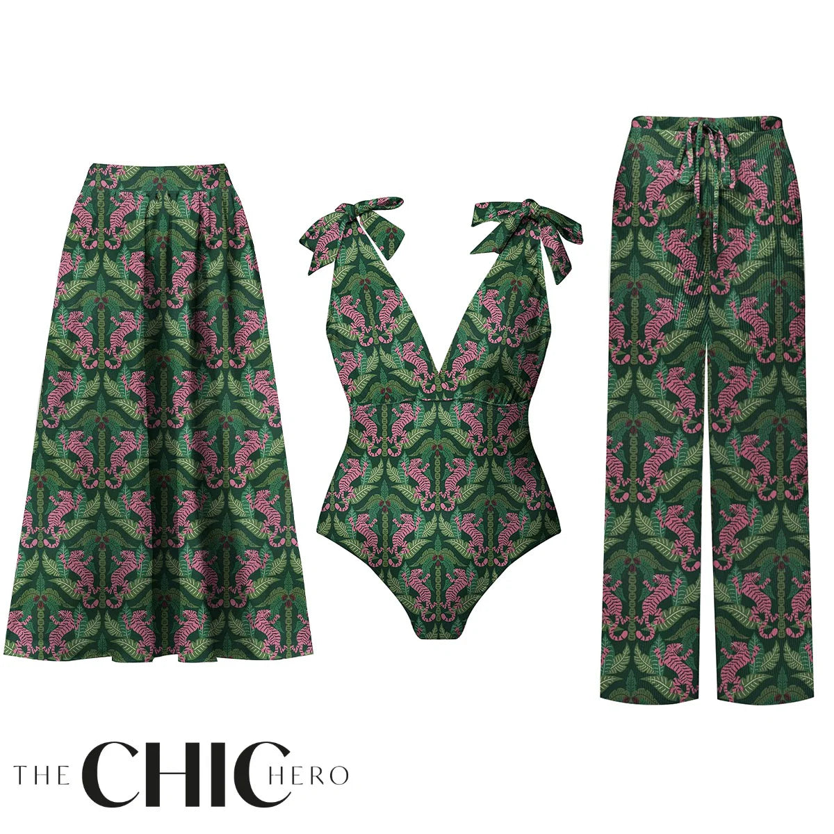 Dark Green Jungle Tiger Leaf Print One-Piece Swimsuit&Skirt&Pants