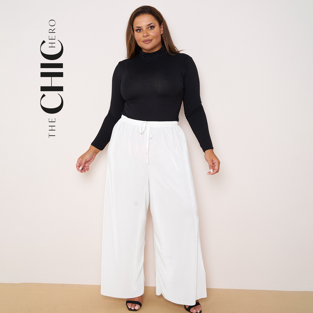 White Wide-Leg Drawstring Pants Palazzo Pleated Pants