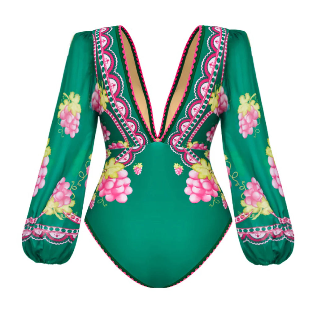 Green Grape Blossom Tropical Vineyard V-Neck Swimsuit & Skirt Set