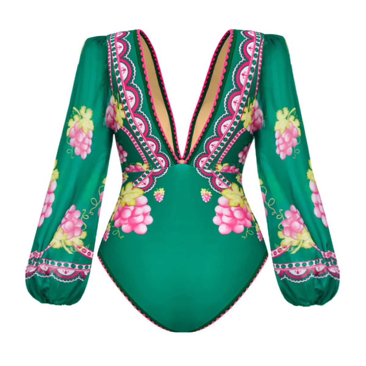 Green Grape Blossom Tropical Vineyard V-Neck Swimsuit & Skirt Set