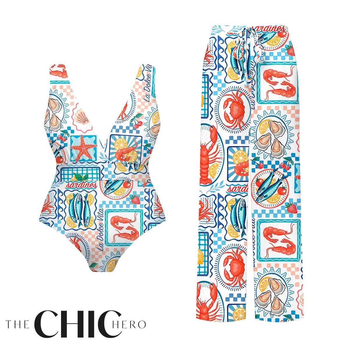 Ocean-Inspired Retro Sardine & Lobster One-Piece Swimsuit&Pants