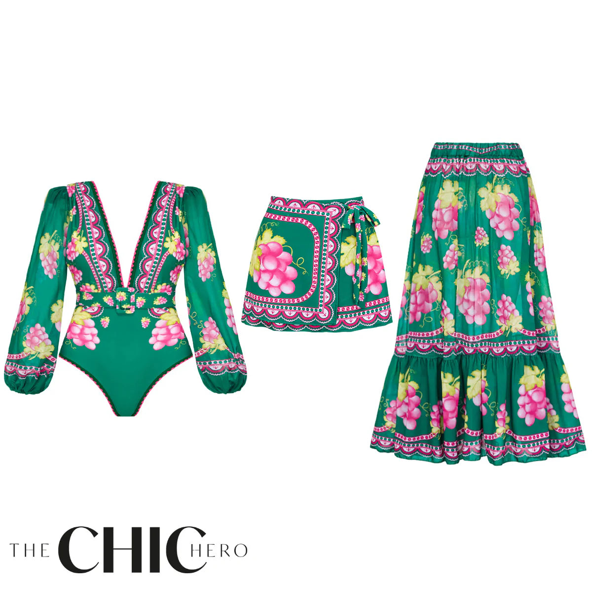 Green Grape Blossom Tropical Vineyard V-Neck Swimsuit & Skirt Set