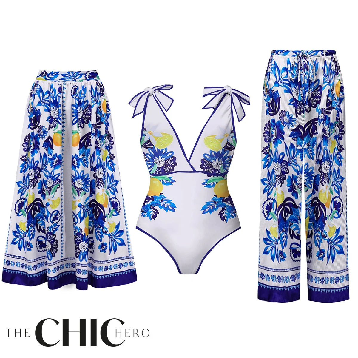 Lemon Blue Floral Print One-Piece Swimsuit&Skirt&Pants