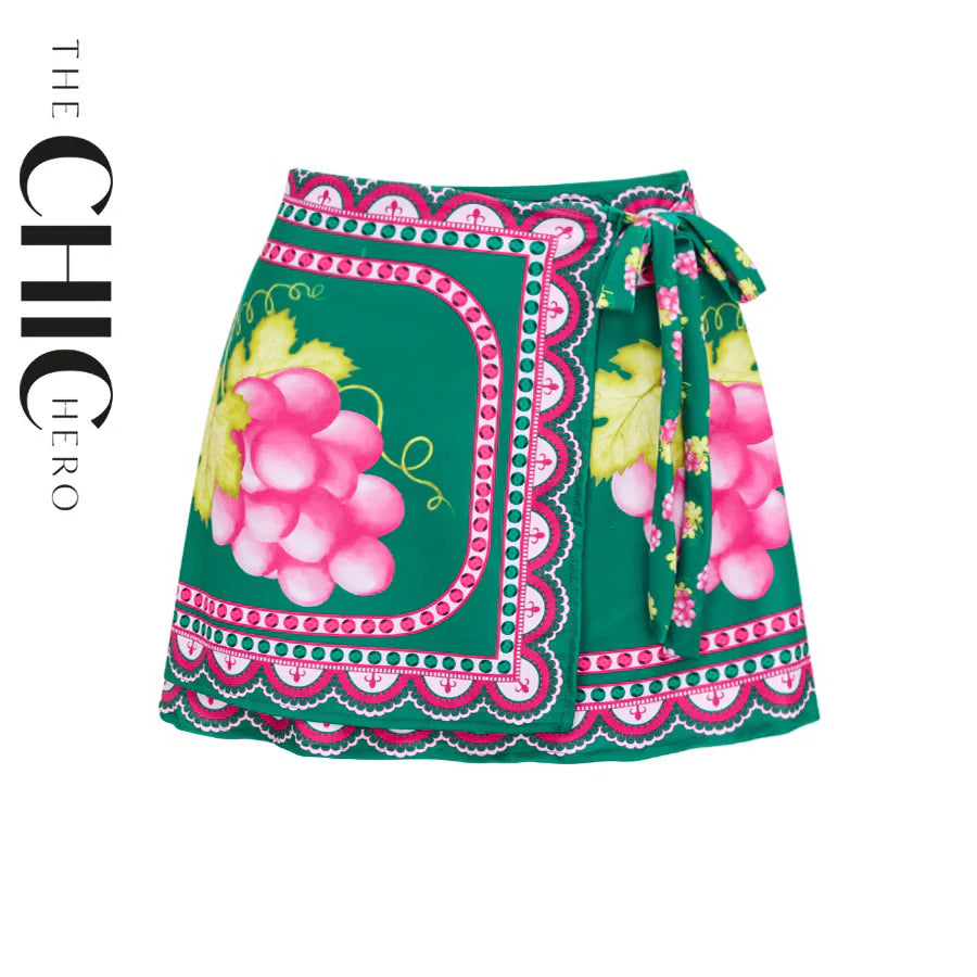 Green Grape Blossom Tropical Vineyard V-Neck Swimsuit & Mini Skirt