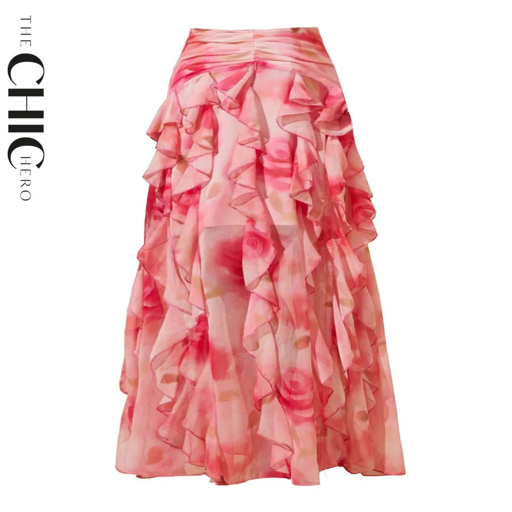 Romantic Pink Floral Halter Ruching One-Piece Swimsuit&Ruffled Skirt