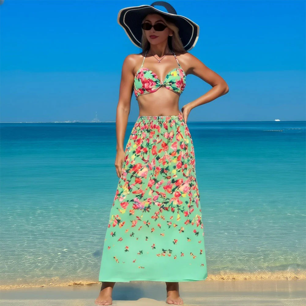 Mint Green & Pink Florals One-Piece Bikini&Skirt