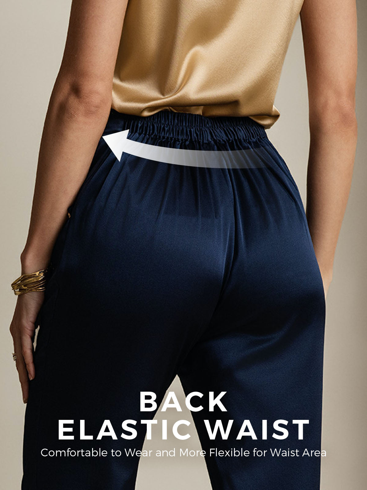 Women's 19Momme Silk High Waist Pants with Back Elastic Waist Design