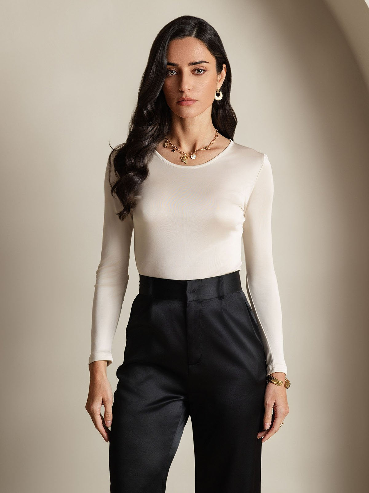 Silk Blend Round Neck Long-Sleeved T-Shirt