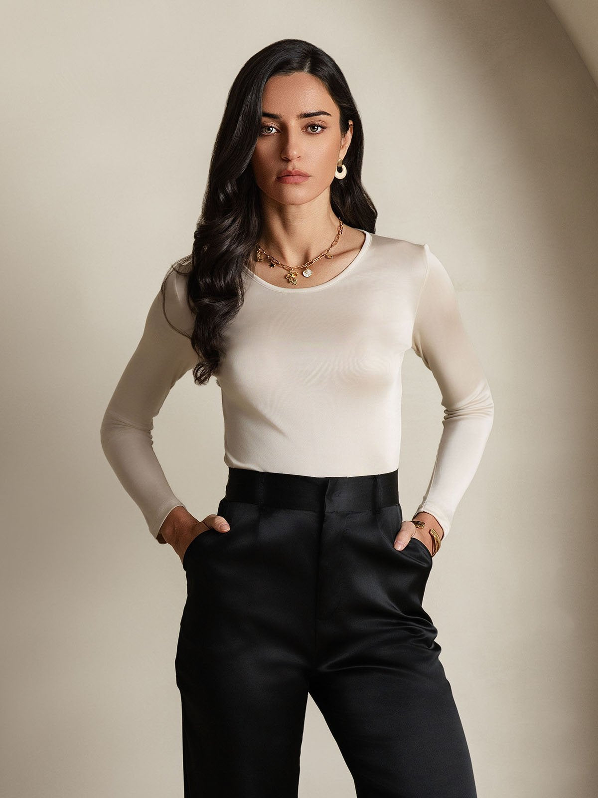 Silk Blend Round Neck Long-Sleeved T-Shirt