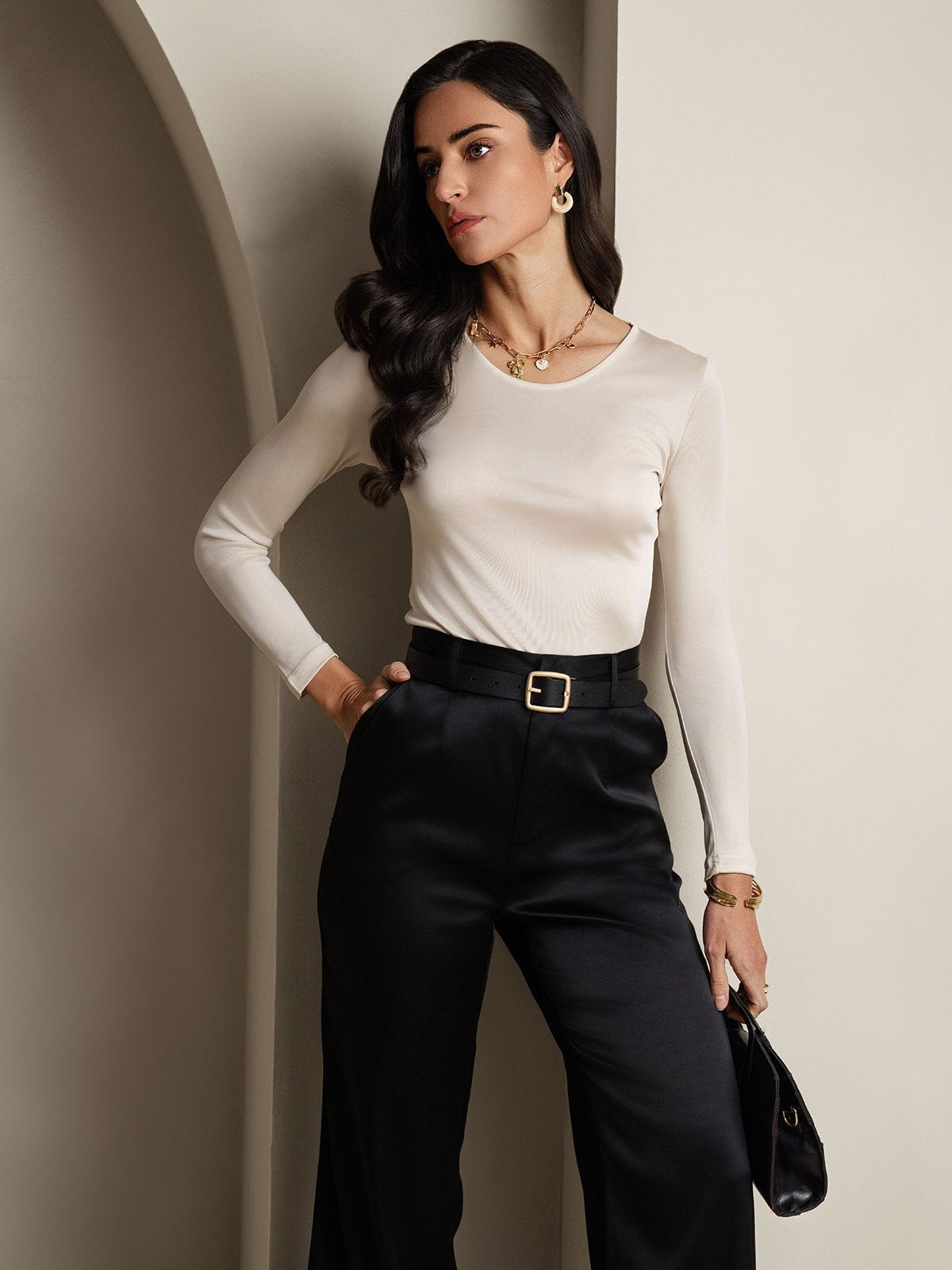Silk Blend Round Neck Long-Sleeved T-Shirt