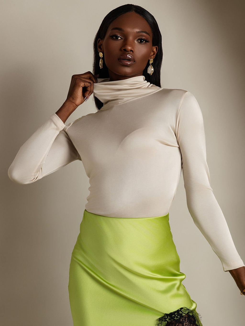 Silk Blend High Neck Long-Sleeved T-Shirt
