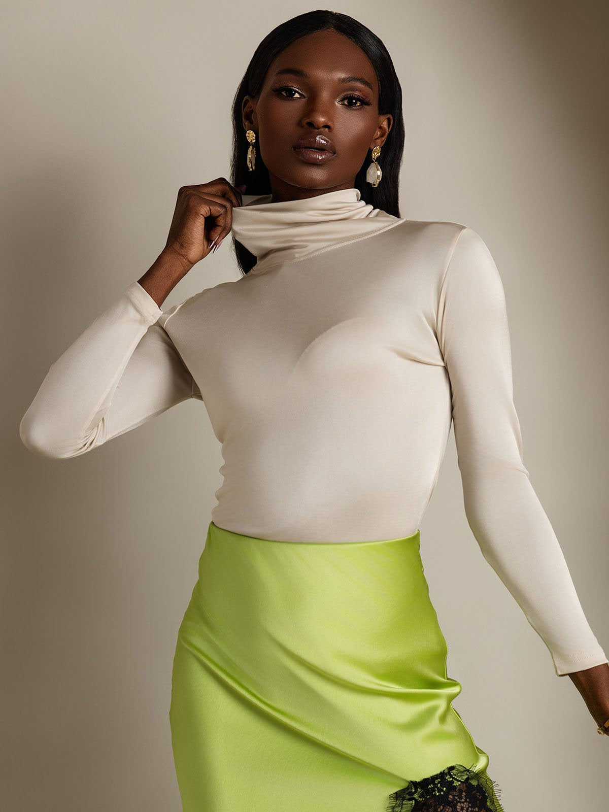 Silk Blend High Neck Long-Sleeved T-Shirt