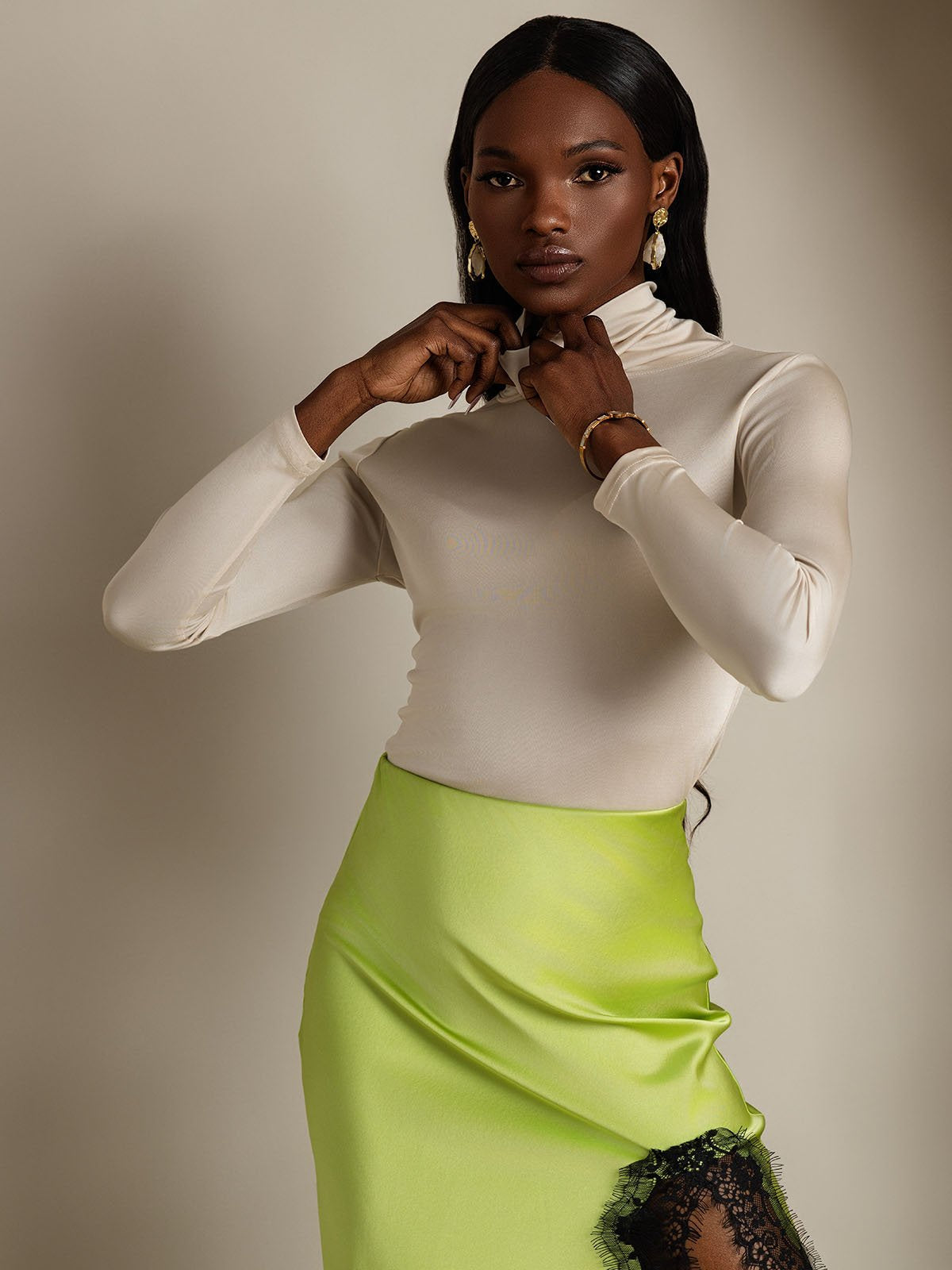 Silk Blend High Neck Long-Sleeved T-Shirt
