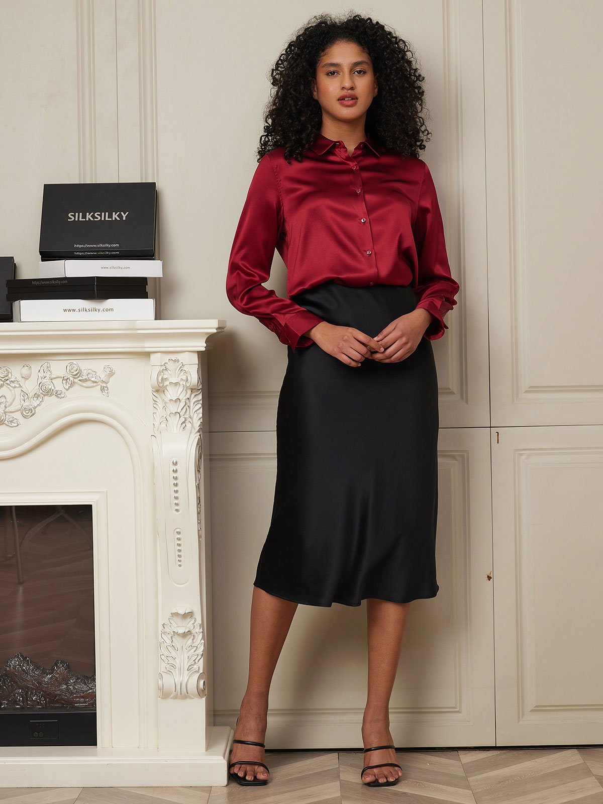 19Momme Pure Silk Long Straight Skirt with Stretch Waist Design