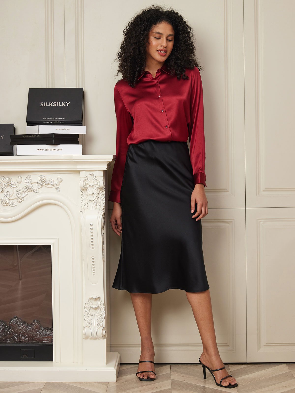 19Momme Pure Silk Long Straight Skirt with Stretch Waist Design
