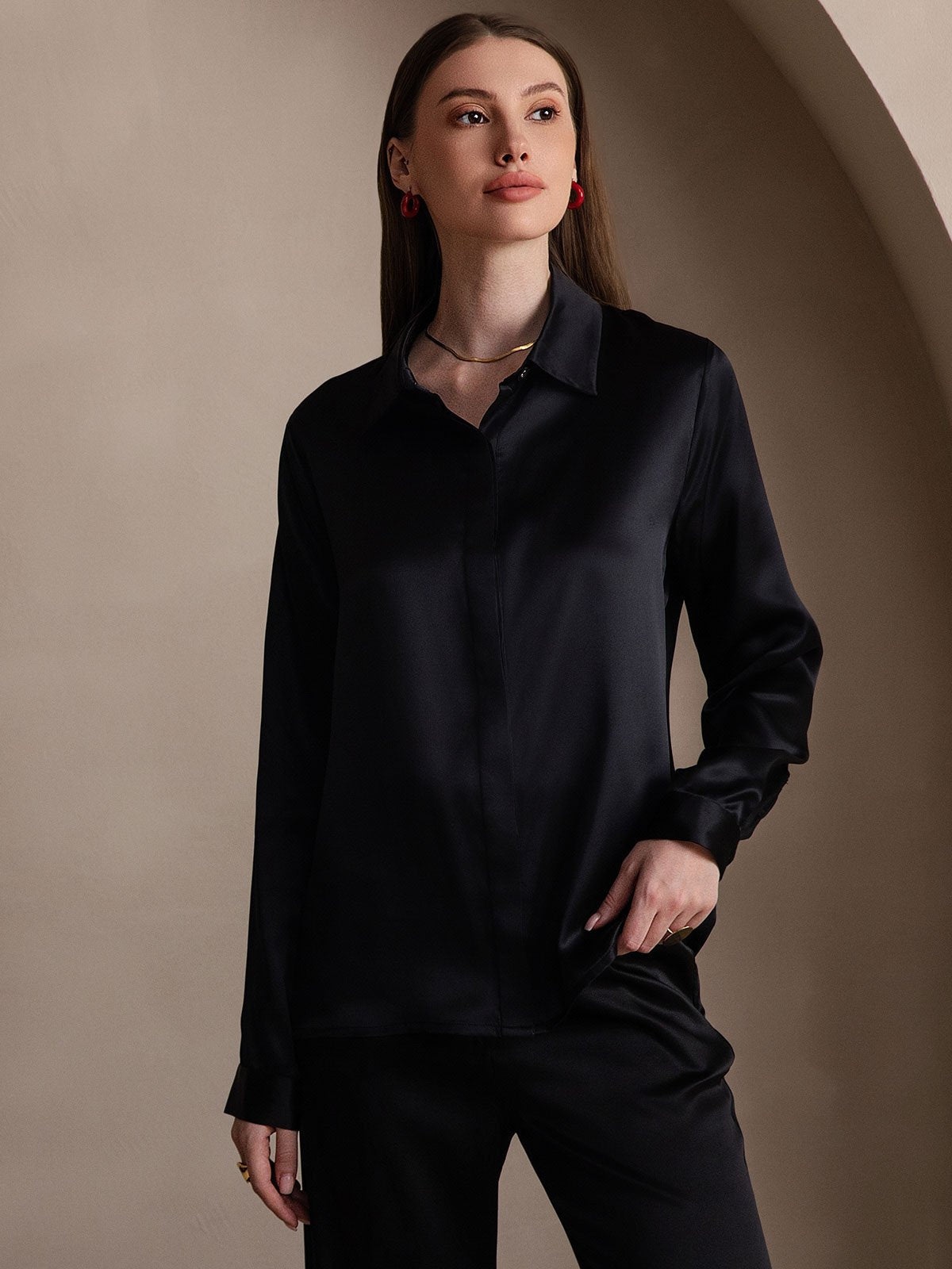 19Momme Silk Long Sleeve Lapel Collar Women's Shirt