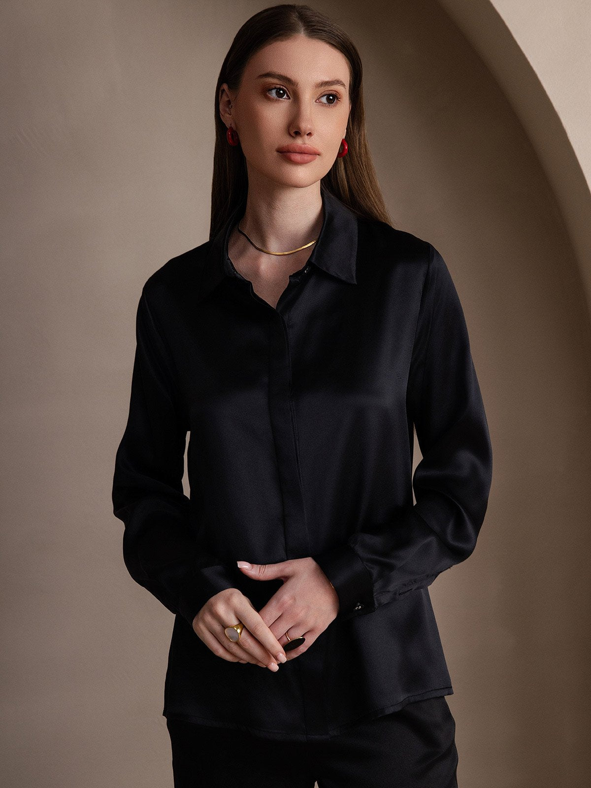 19Momme Silk Long Sleeve Lapel Collar Women's Shirt