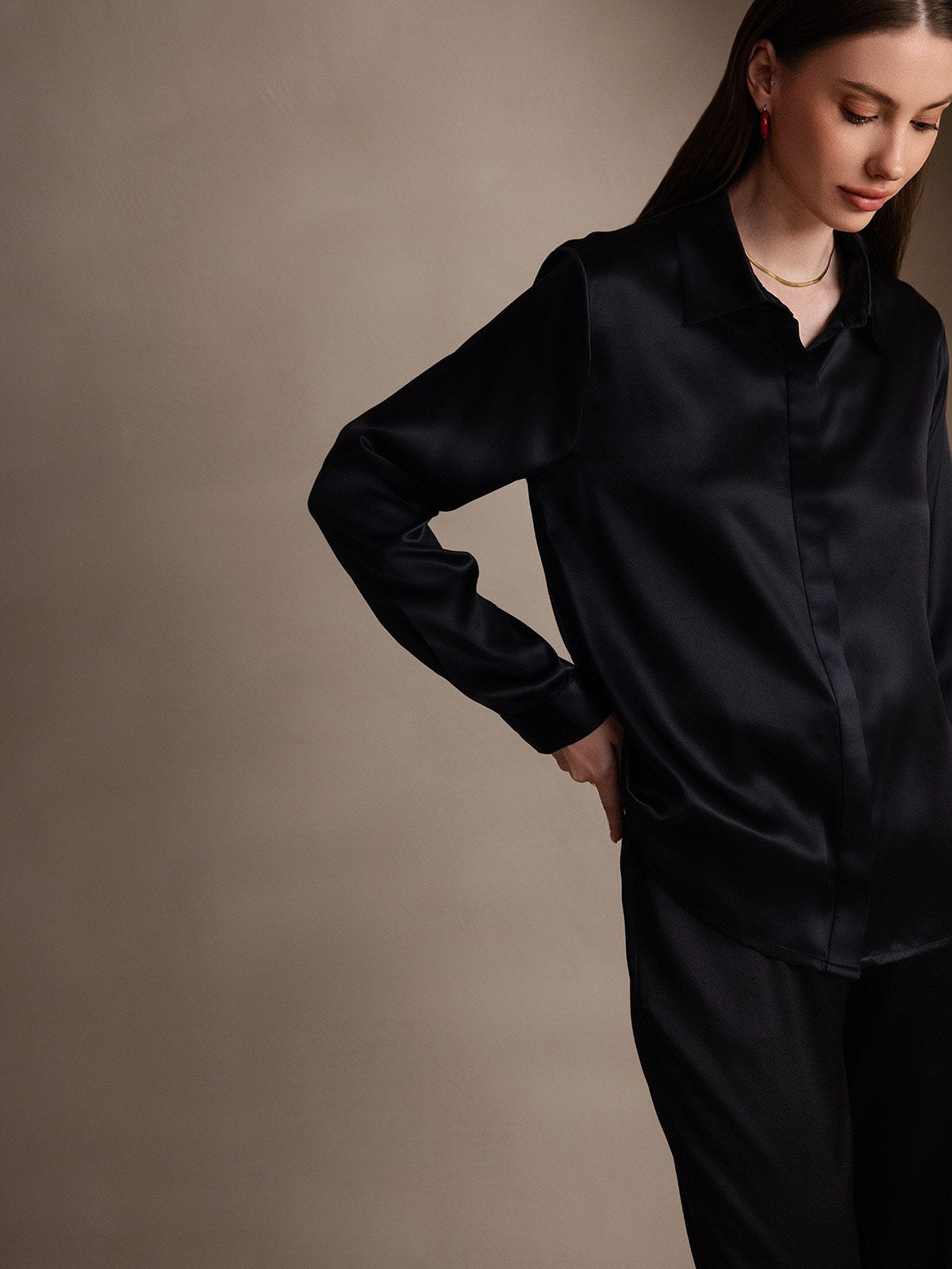 19Momme Silk Long Sleeve Lapel Collar Women's Shirt