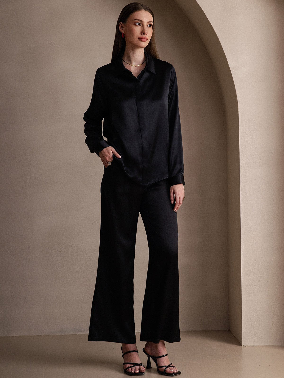 19Momme Silk Long Sleeve Lapel Collar Women's Shirt