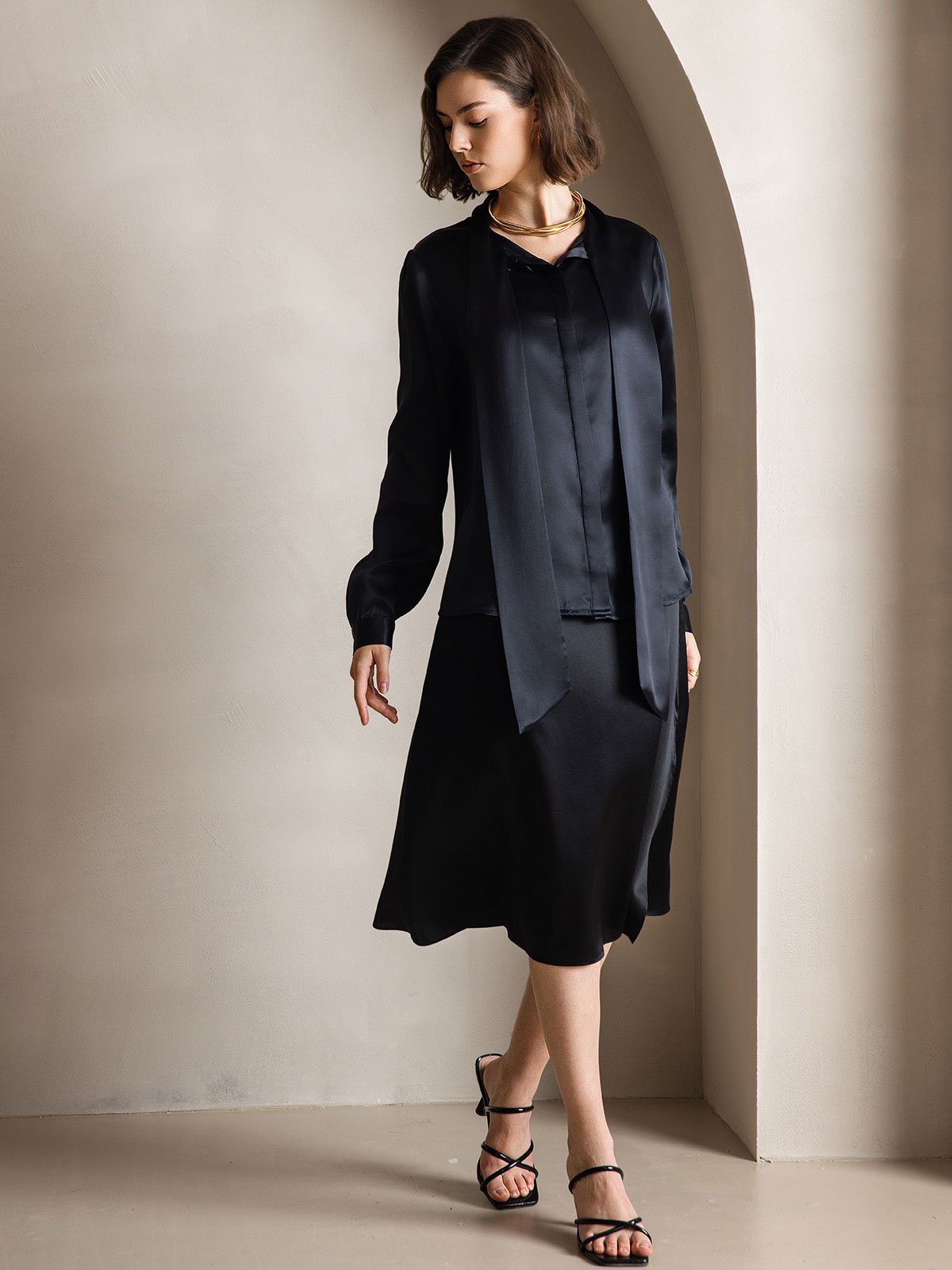19Momme Silk Long Sleeve Tie Neck Blouse