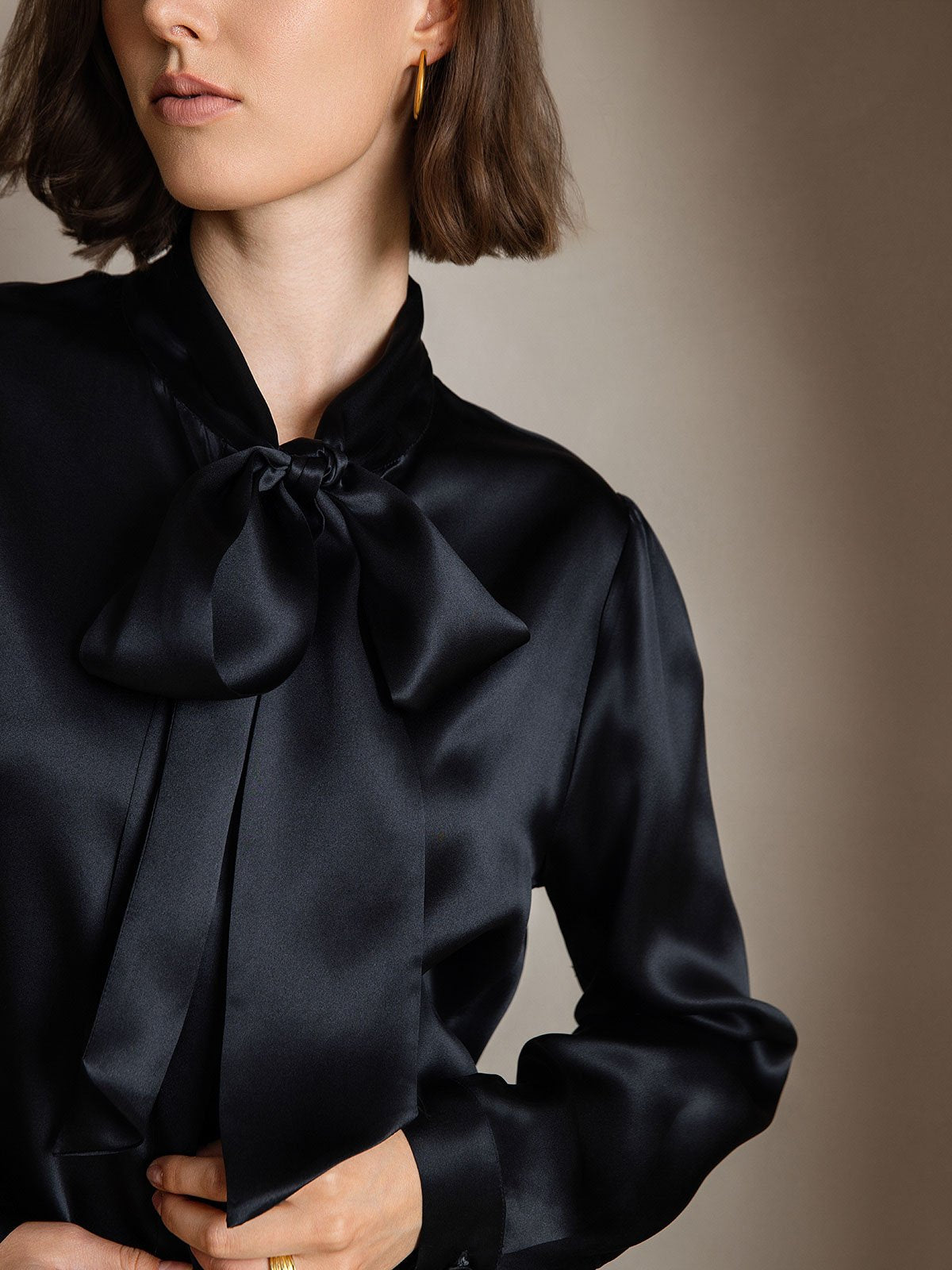 19Momme Silk Long Sleeve Tie Neck Blouse