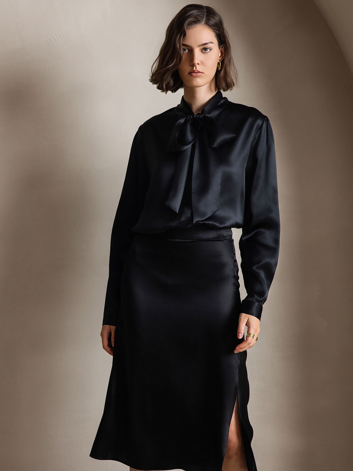 19Momme Silk Long Sleeve Tie Neck Blouse