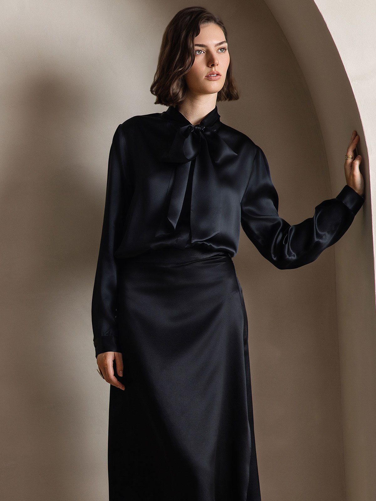 19Momme Silk Long Sleeve Tie Neck Blouse
