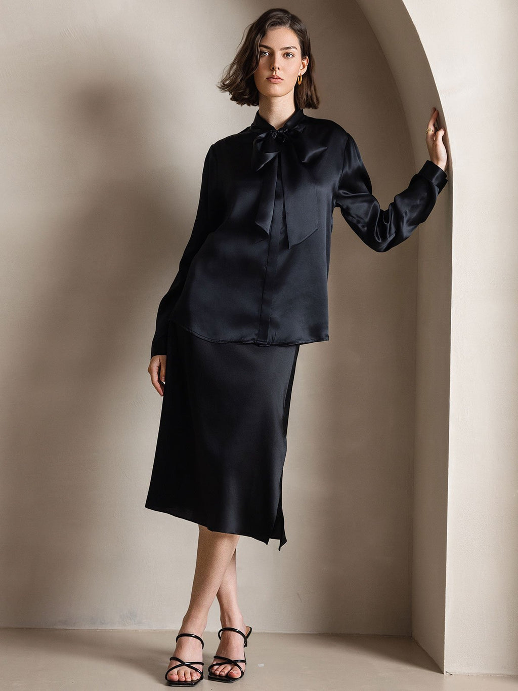 19Momme Silk Long Sleeve Tie Neck Blouse