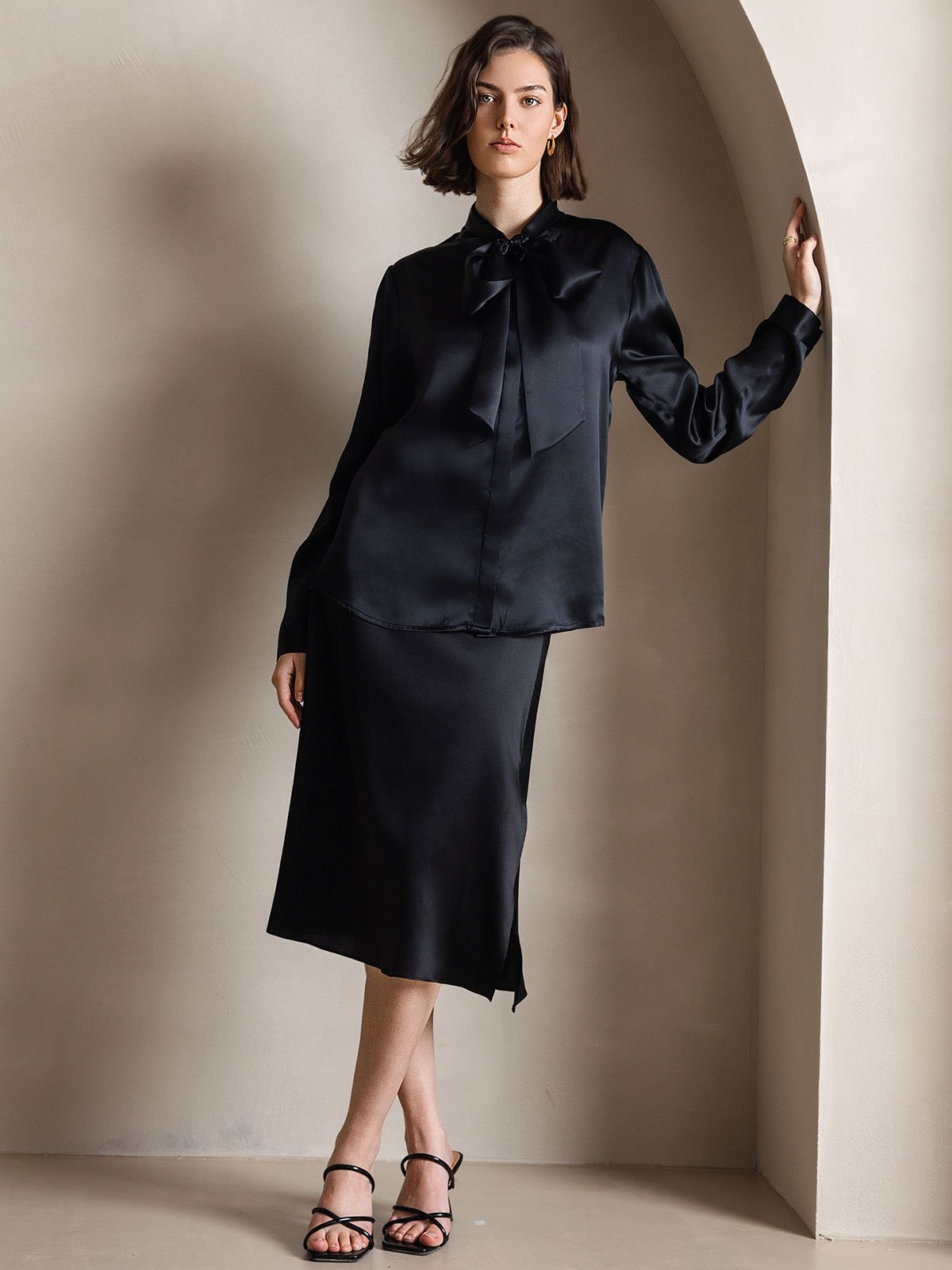 19Momme Silk Long Sleeve Tie Neck Blouse
