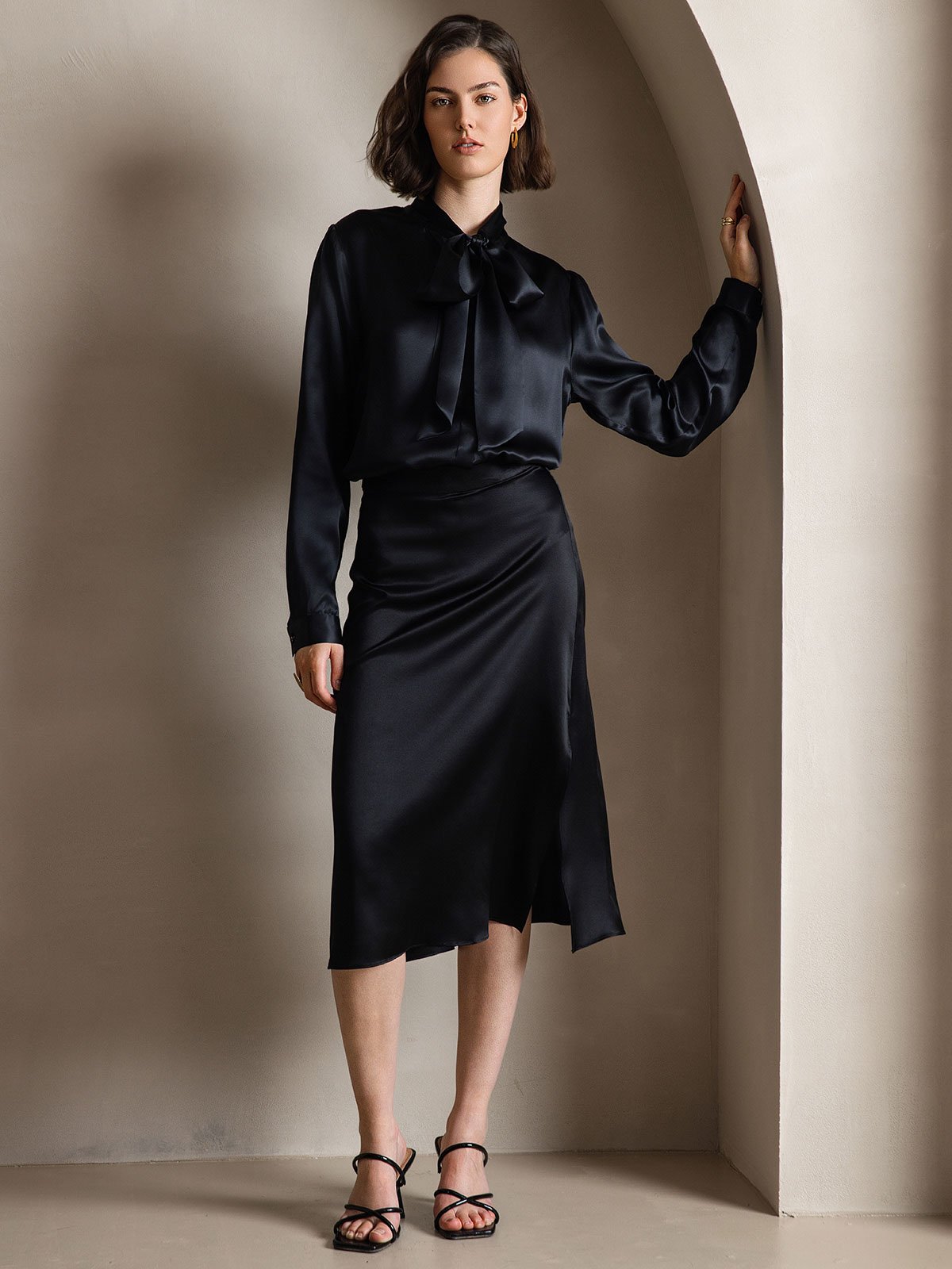 19Momme Silk Long Sleeve Tie Neck Blouse