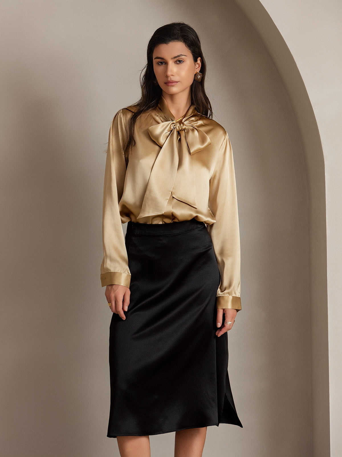 19Momme Silk A Line Long Slit Skirt with Zipper Design