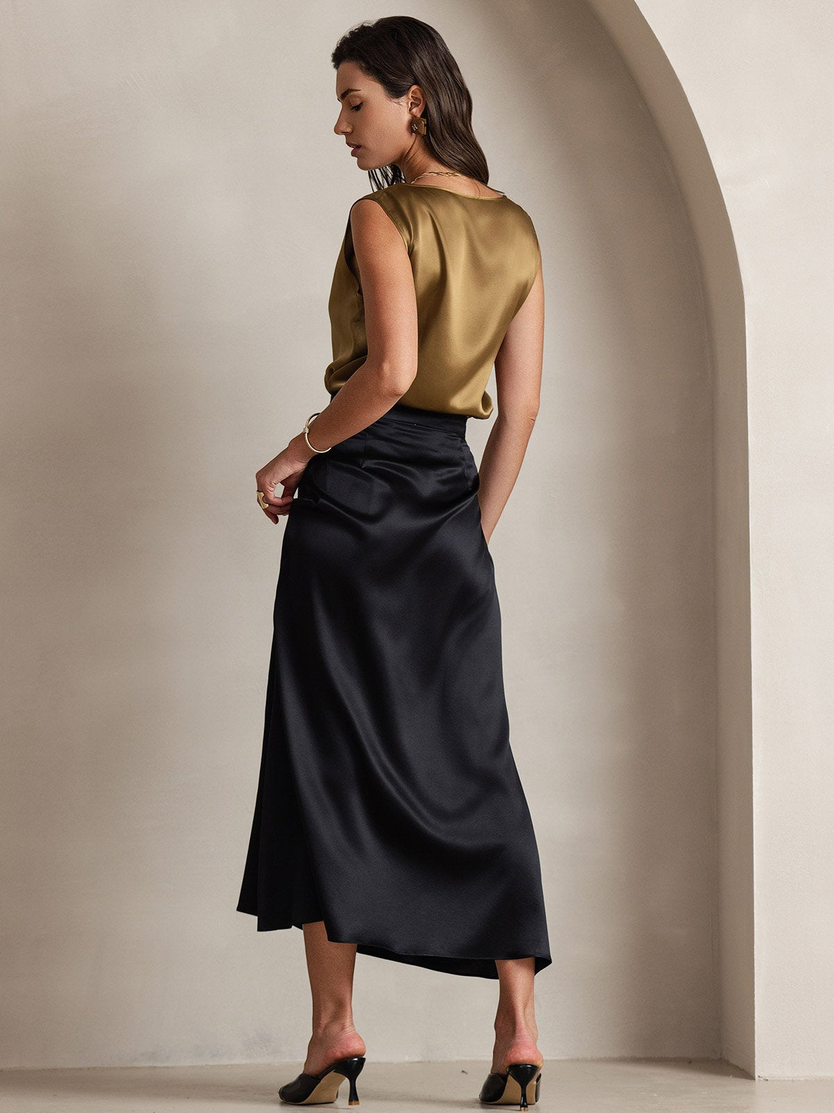 19Momme Silk A Line Maxi Skirt with Zipper Design