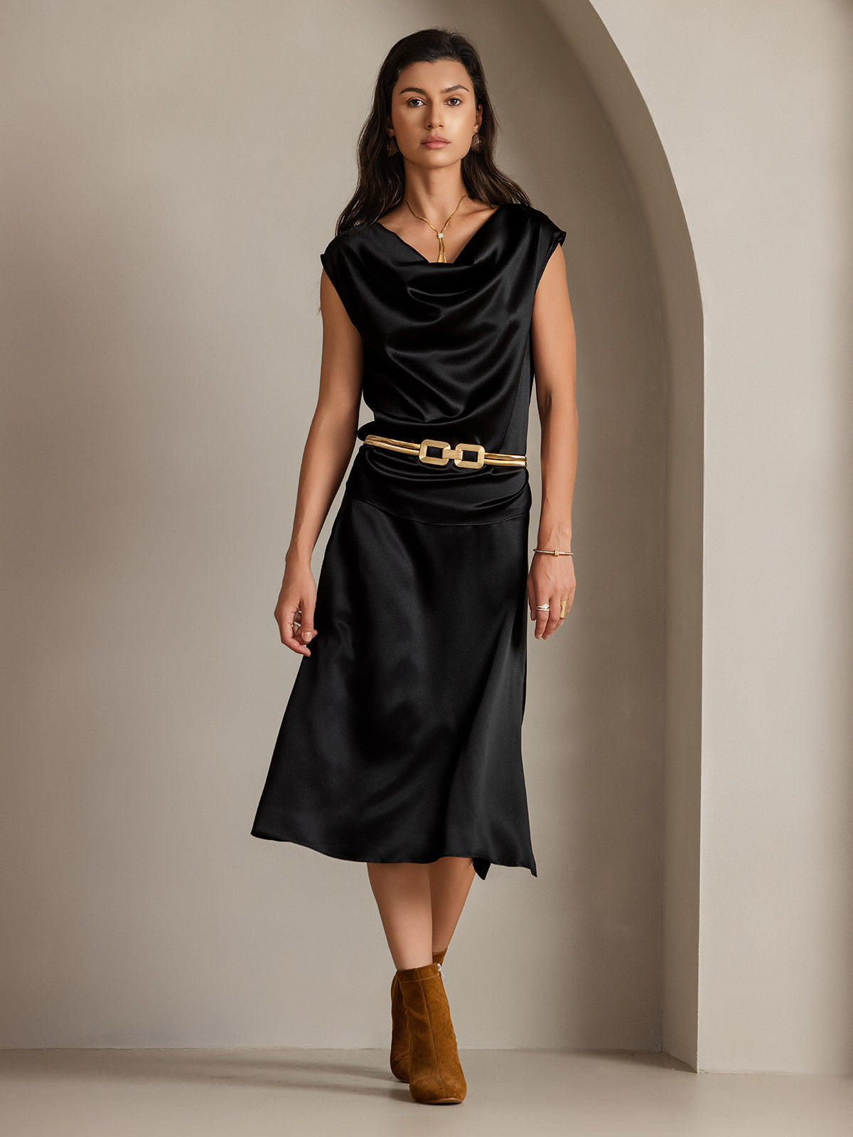 19Momme Silk A Line Long Slit Skirt with Zipper Design