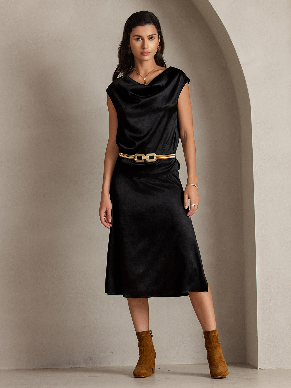 19Momme Silk A Line Long Slit Skirt with Zipper Design