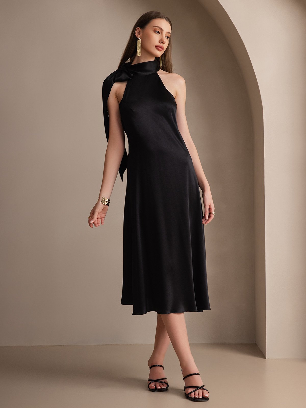 19Momme Silk Tie Neck Maxi Dress